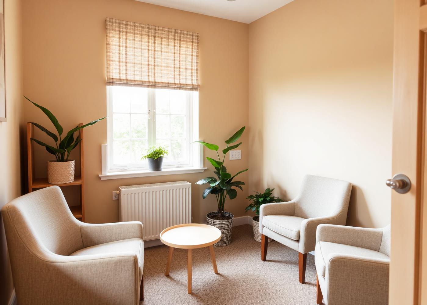 A warm, calming counselling room with two armchairs and a window letting in soft light.